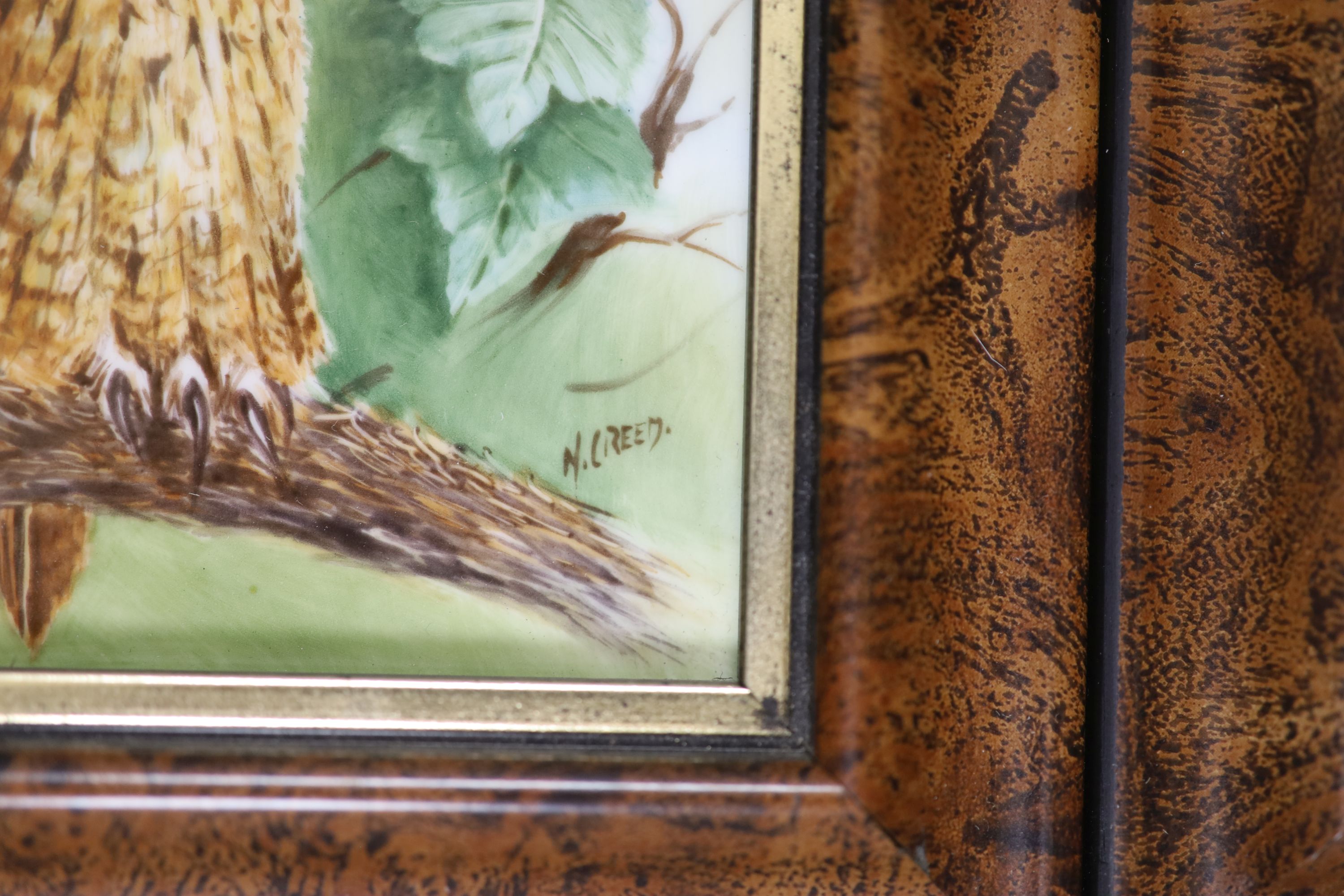 Two plaques, painted with an owl and a kingfisher by ex-Royal Worcester artist N. Creed, signed, 9 x 9.5cm